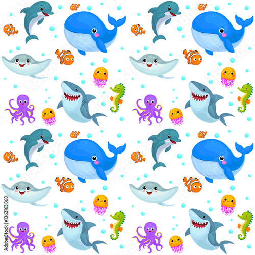A seamless and fun pattern featuring adorable sea creatures such as fish, crabs, starfish, jellyfish, dolphins, and more. Perfect for marine-themed designs, children's illustrations, fabric prints