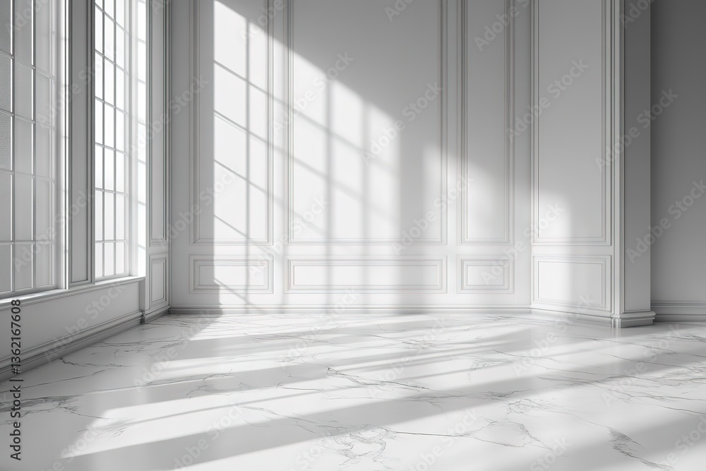 Bright empty white room with marble floor and large windows, sunlight and shadows Bright empty white room with marble floor and large windows, sunlight and shadows