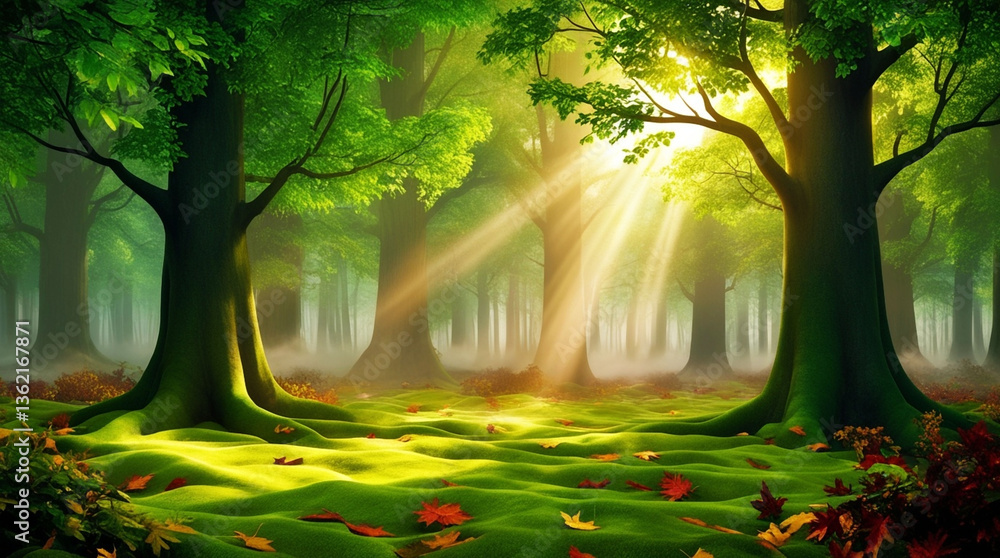 Obraz premium Morning autumn forest with sunlight rays and misty trees