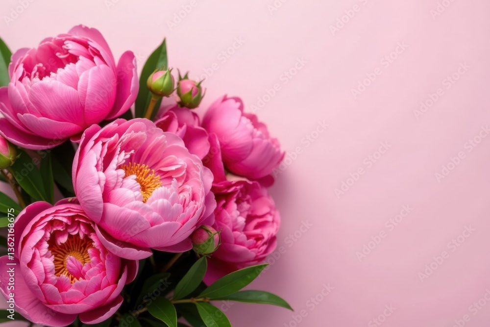 Fototapeta premium Vibrant pink peonies and roses in a fresh bunch with greenery, vibrant colors, white background