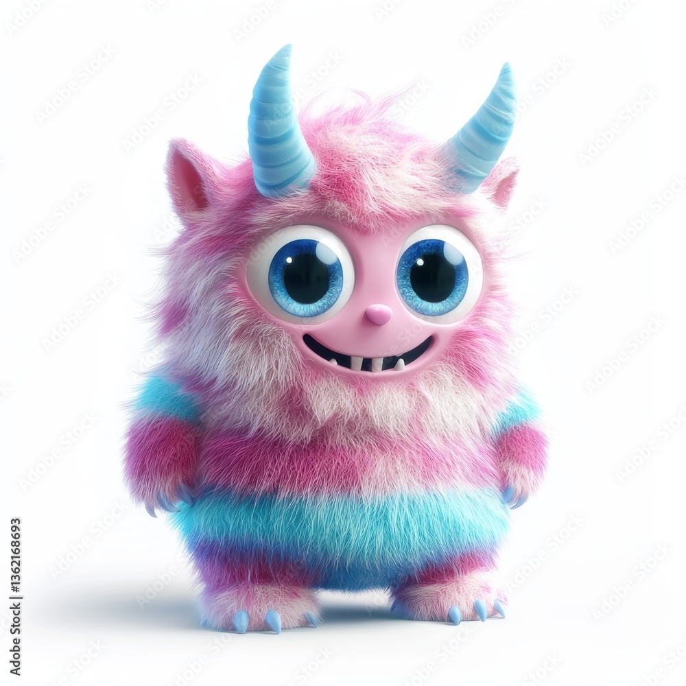 Fototapeta premium Cute furry monster with soft pink and blue stripes and tiny horns