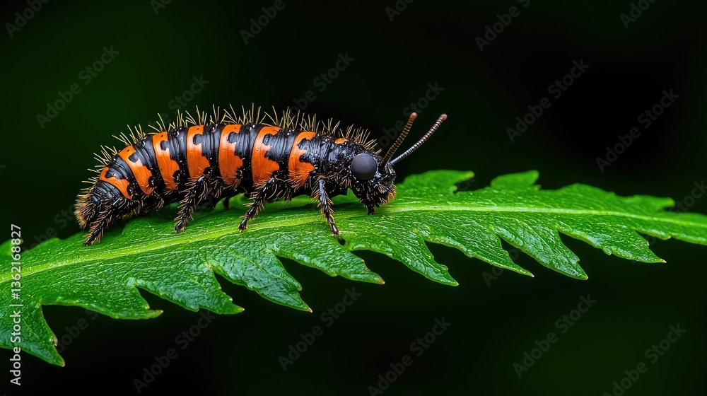 Fototapeta premium Vibrant Orange and Black Larva on Lush Green Leaf