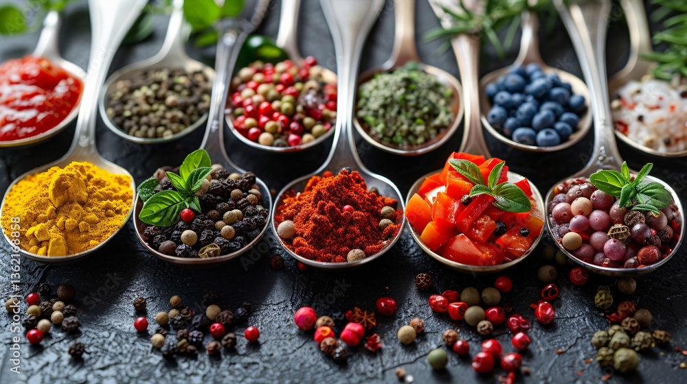 Fototapeta premium Various spoons on a table filled with different ingredient