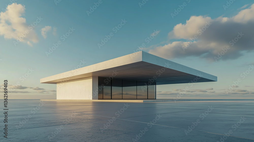 Fototapeta premium 3D rendering of a simple, minimal architectural structure with a blue sky background