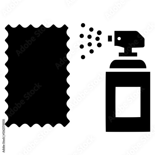 Bold icon of a fabric spray bottle next to a piece of fabric, illustrating textile care 