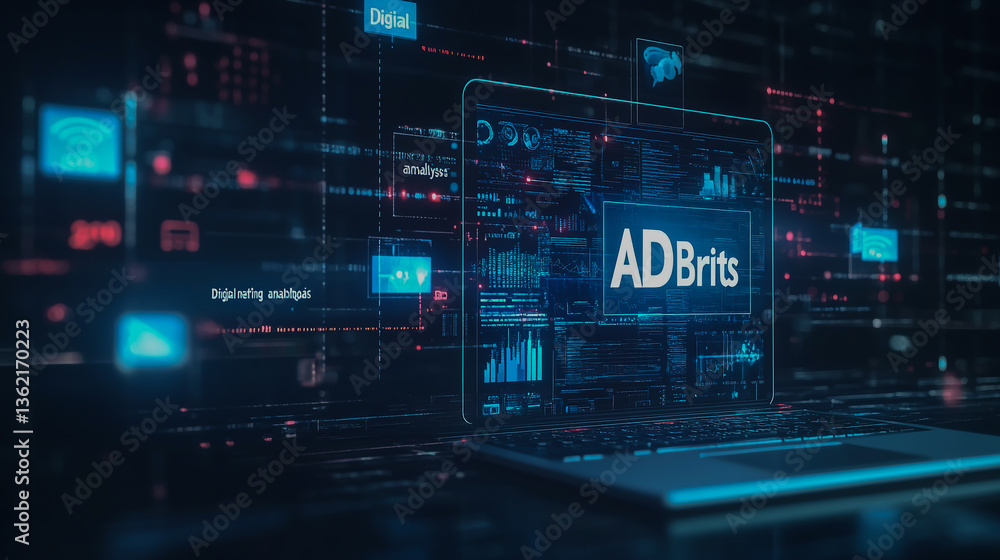 Fototapeta premium 3D rendering of Digital marketing analysis dashboard with a laptop and data visualization icons