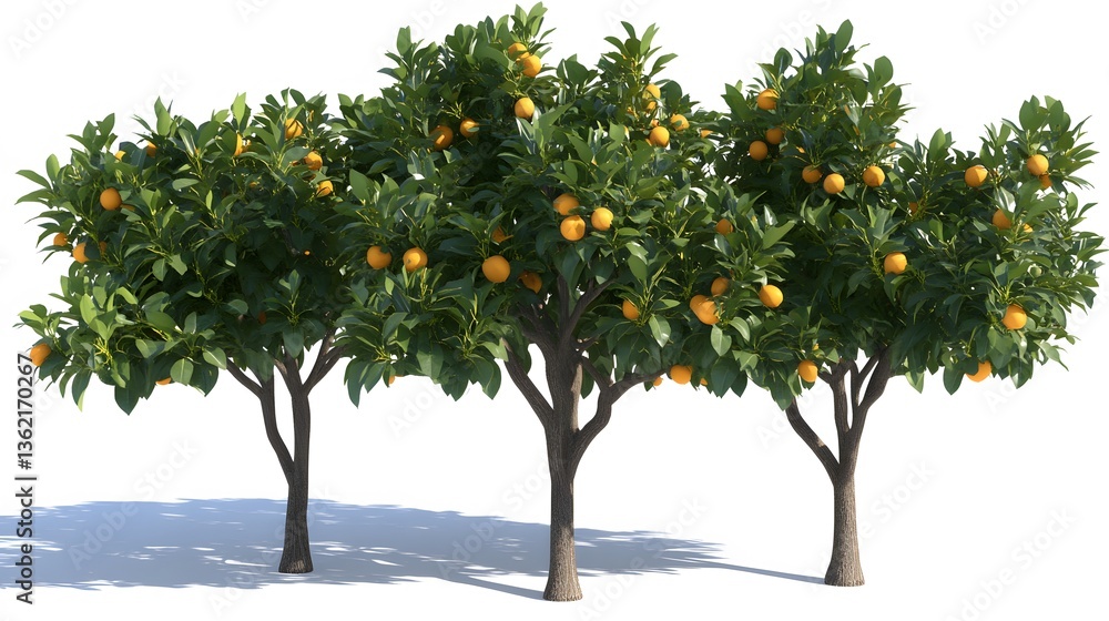 Fototapeta premium Three Lush Orange Trees with Ripe Fruit 3D Render