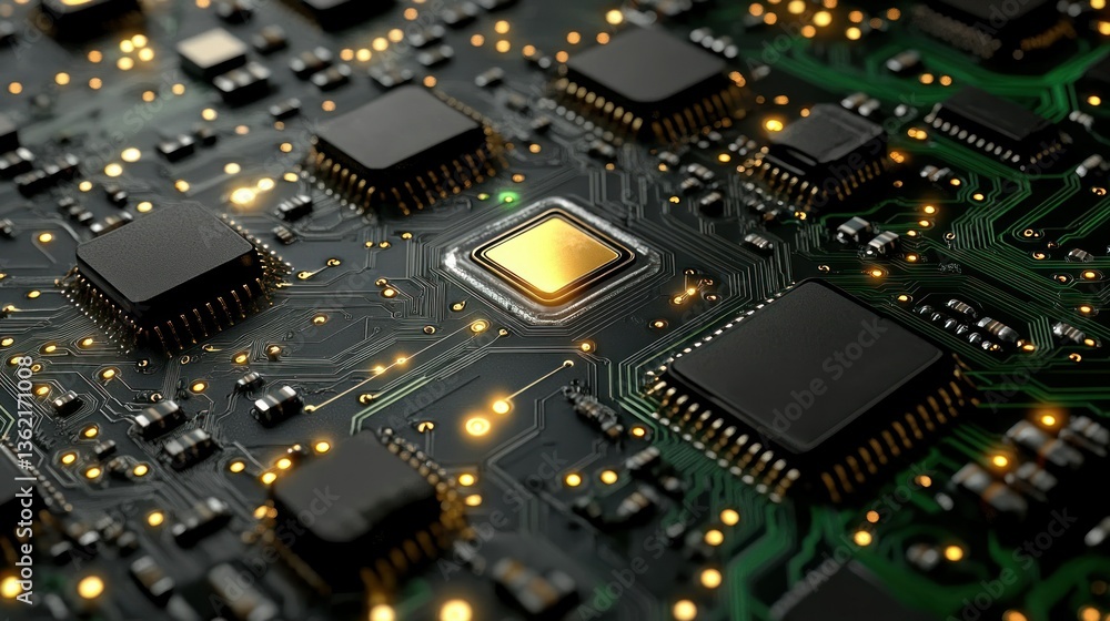 Close-up of a Circuit Board with Golden Microchip Close-up of a Circuit Board with Golden Microchip