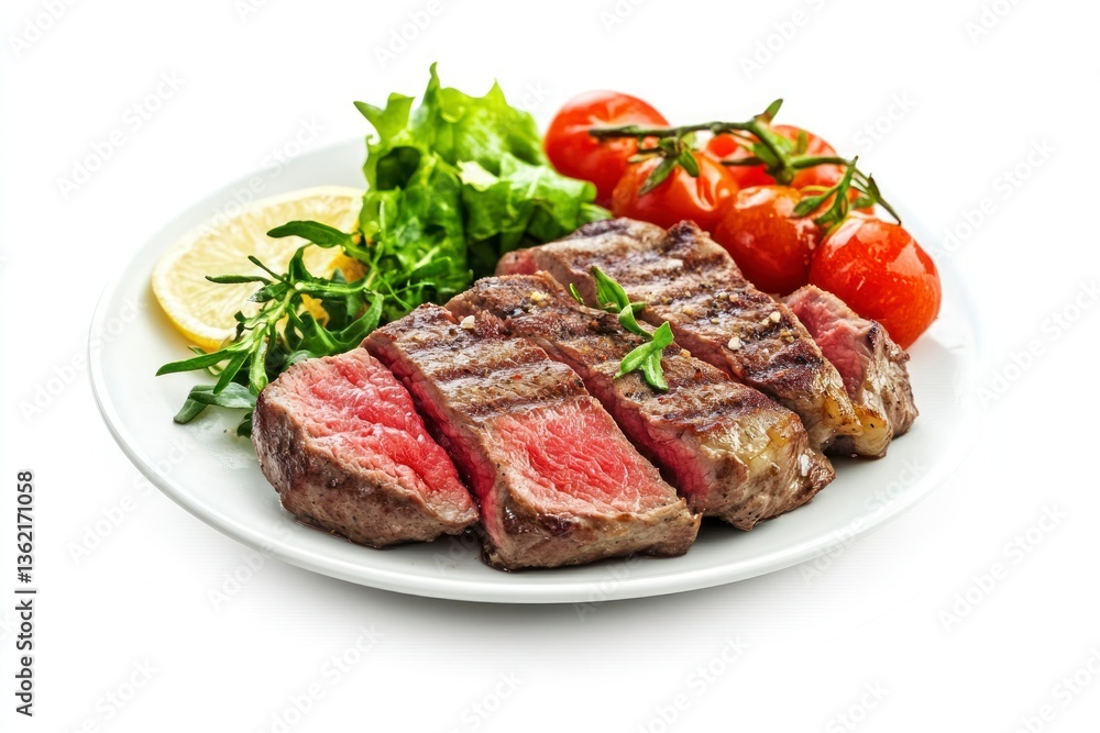 Grilled Steak Slices with Fresh Salad and Cherry Tomatoes on Plate Grilled Steak Slices with Fresh Salad and Cherry Tomatoes on Plate