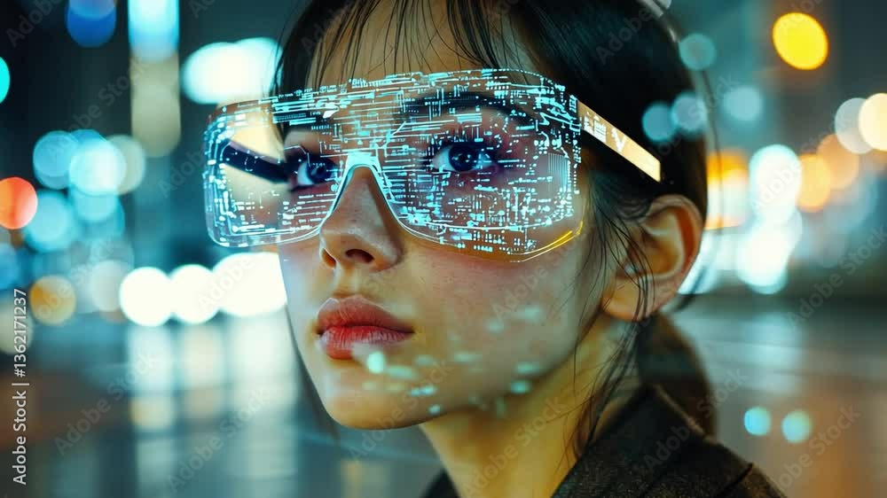 Multiple exposure of a young woman using augmented reality glasses, overlaying holographic AI data projections. Multiple exposure of a young woman using augmented reality glasses, overlaying holographic AI data projections.