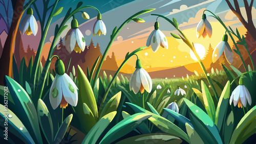 Dew-Kissed Snowdrops Glowing in Morning Sunlight