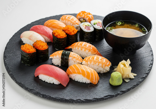 Varied Sushi Platter with Miso Soup and Garnishes on Dark Slate