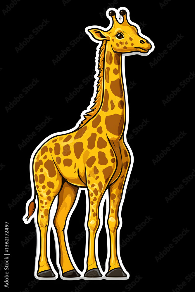 Obraz premium Cartoon giraffe Tall yellow mammal with brown spots on black background