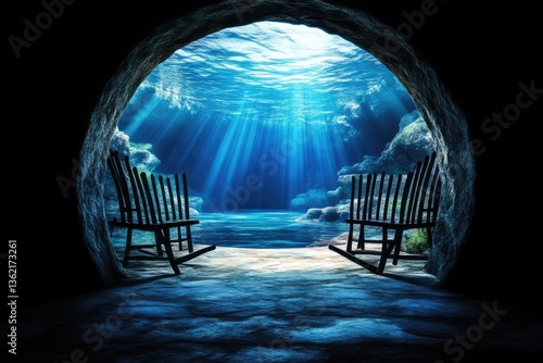 Underwater cave with rocking chairs. Tranquil scene, sunbeams pierce through the water, illuminating a serene underwater cave opening.  Two rocking chairs sit on the sandy floor, inviting relaxation