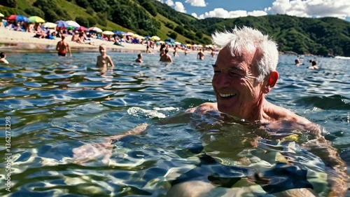 A joyful elderly man swimming in clear water, captured from a low angle. The video conveys a vibrant, carefree summer vibe at a crowded beach.