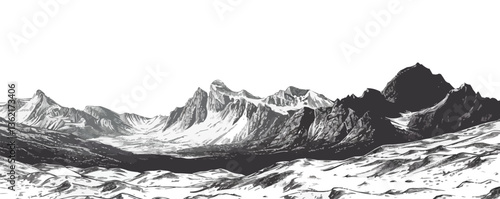 Monochrome mountain landscape illustration with snow-capped peaks and rugged terrain.