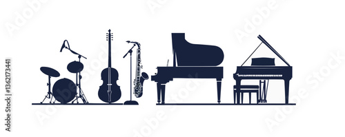 Silhouette of classic musical instruments including drums, cello, saxophone, and grand piano.