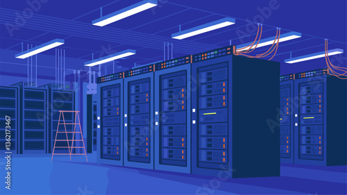 An interior view of a state-of-the-art data center featuring rows of server racks, illuminated by ambient blue lighting and organized cables.