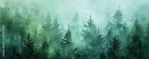 Misty forest landscape with evergreen trees in watercolor style art.