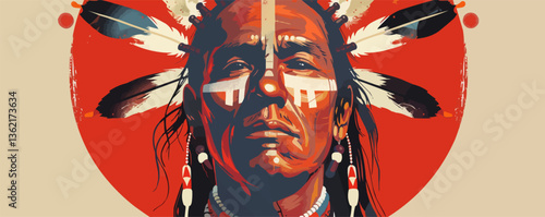 Portrait of elderly male with tribal face paint and feathered headdress.