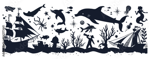 Silhouette of marine life and nautical elements with pirate theme.