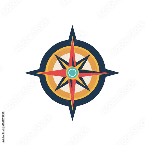 Colorful stylized compass rose design with geometric elements.