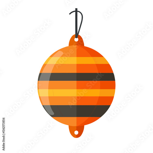 Striped orange and black hanging sphere ornament with hook.