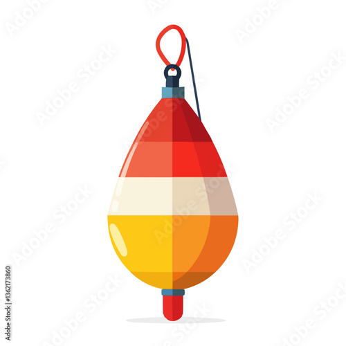 Colorful fishing bobber with red, orange, and yellow stripes on white background.