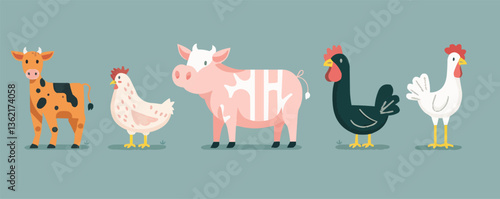 Colorful farm animals illustration: cow, chickens, pig on green background with simple design.