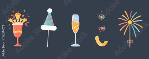 Colorful new year celebration icons with party hat and champagne glass.