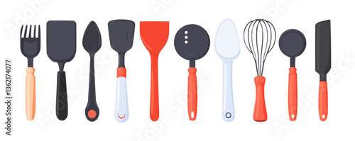 Colorful kitchen utensils set with red and black handles on white background.