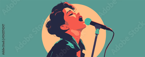 Young caucasian female singing passionately under spotlight.
