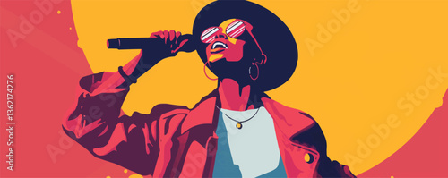 Female african singer in vibrant pop art style holding microphone.