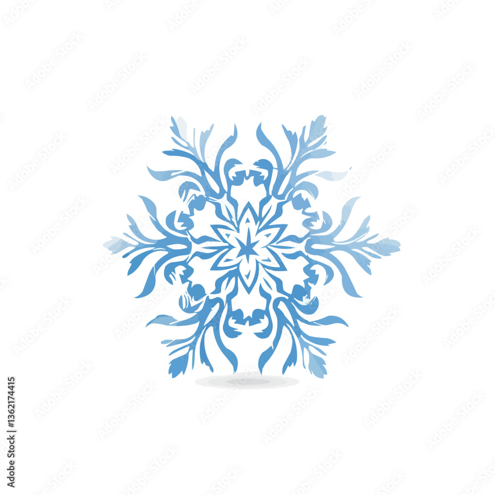 Intricate blue snowflake design with symmetrical patterns on white background. Intricate blue snowflake design with symmetrical patterns on white background.