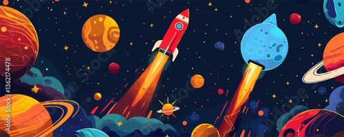 Colorful space adventure with rockets and planets in a starry galaxy scene.