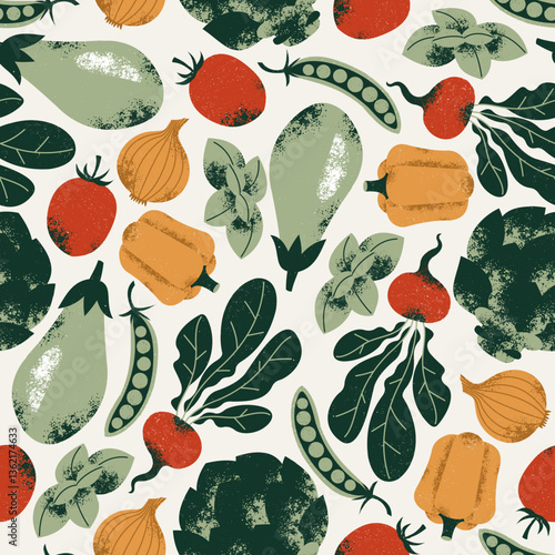 Tasty vegetables seamless pattern. Eggplant with artichoke and peas with onion. Food ingredients. Vector illustration