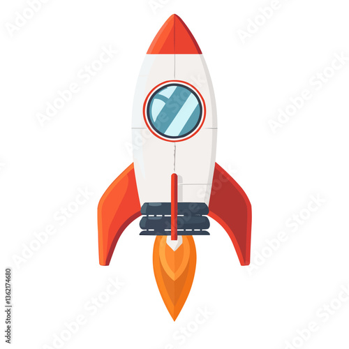 Colorful cartoon rocket ship with orange flames on white background.