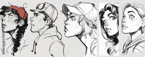 Stylized side profiles of young diverse characters in sketch art.