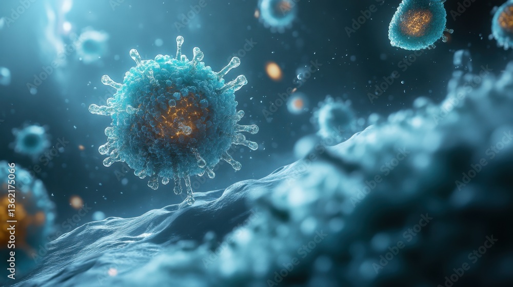 Obraz premium A futuristic rendering of nanobiotechnology with floating microscopic cellular models.