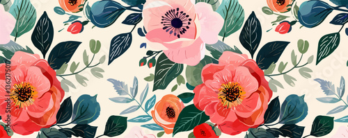 Colorful floral pattern with large pink and red flowers on light background.