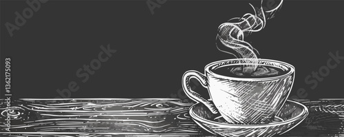 Chalkboard art of steaming coffee cup on wooden table.