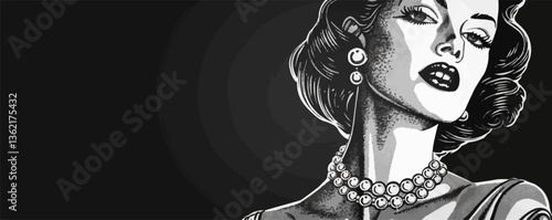 Vintage comic style portrait of a glamorous caucasian female with pearl necklace.