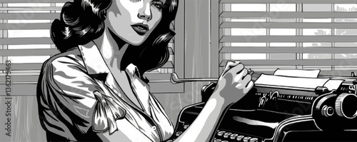 Vintage female typist with typewriter in retro office setting.