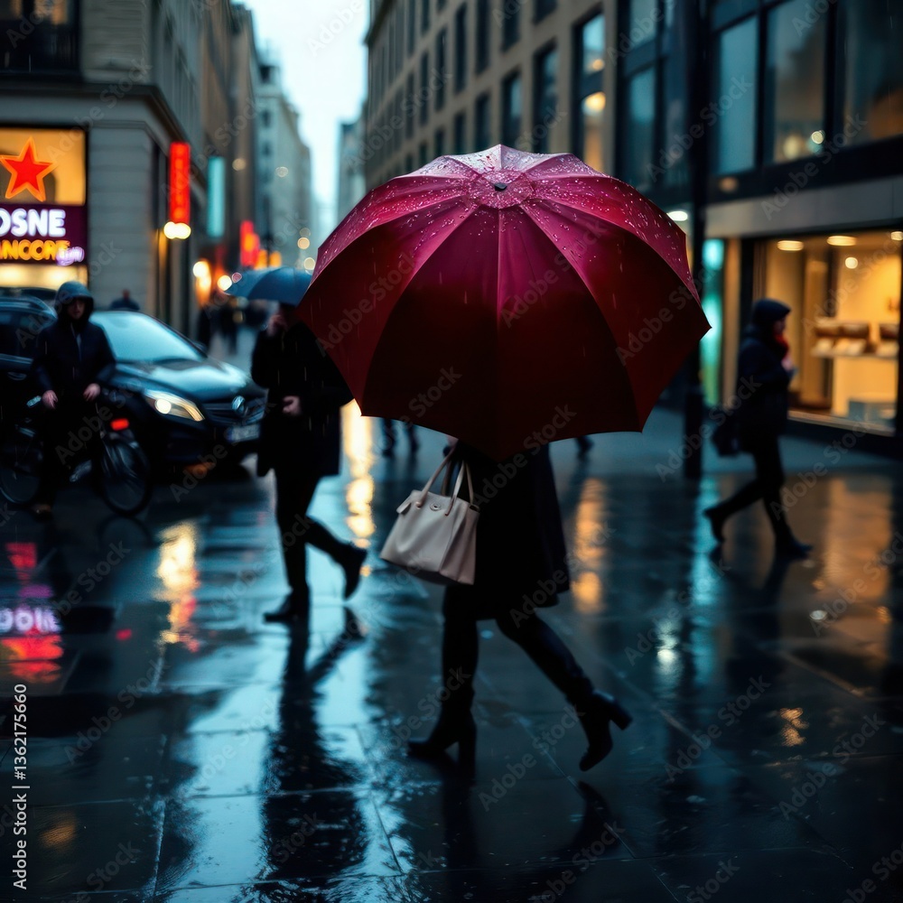 Obraz premium A woman with a red umbrella walks through a rainy urban street, exuding a sense of elegance amidst the bustling crowd.