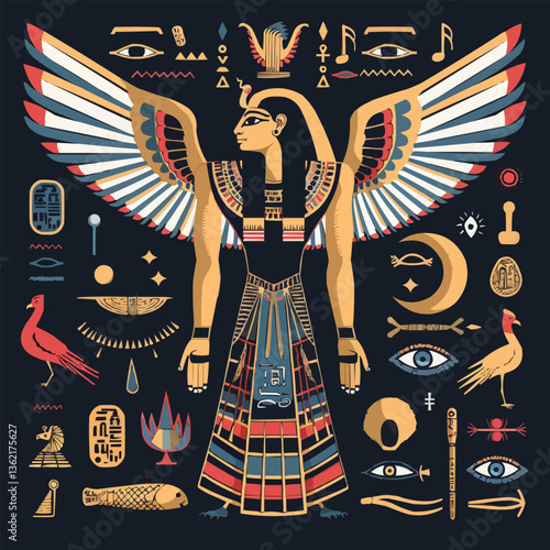 Ancient egyptian goddess with wings and symbols in vibrant colors.