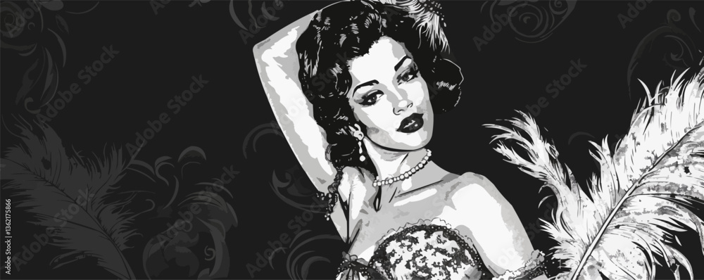 Fototapeta premium Elegant vintage style portrait of young caucasian female with feather boa.