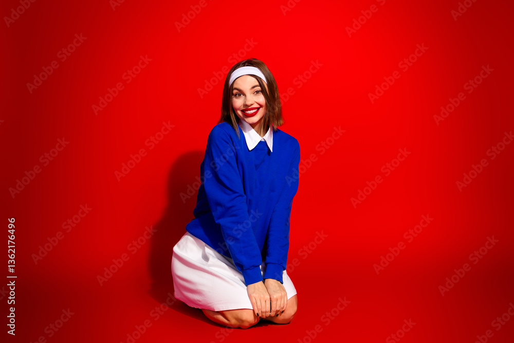 Fototapeta premium Young woman in vibrant blue sweatshirt posing cheerfully against a bold red background, embracing confidence and style