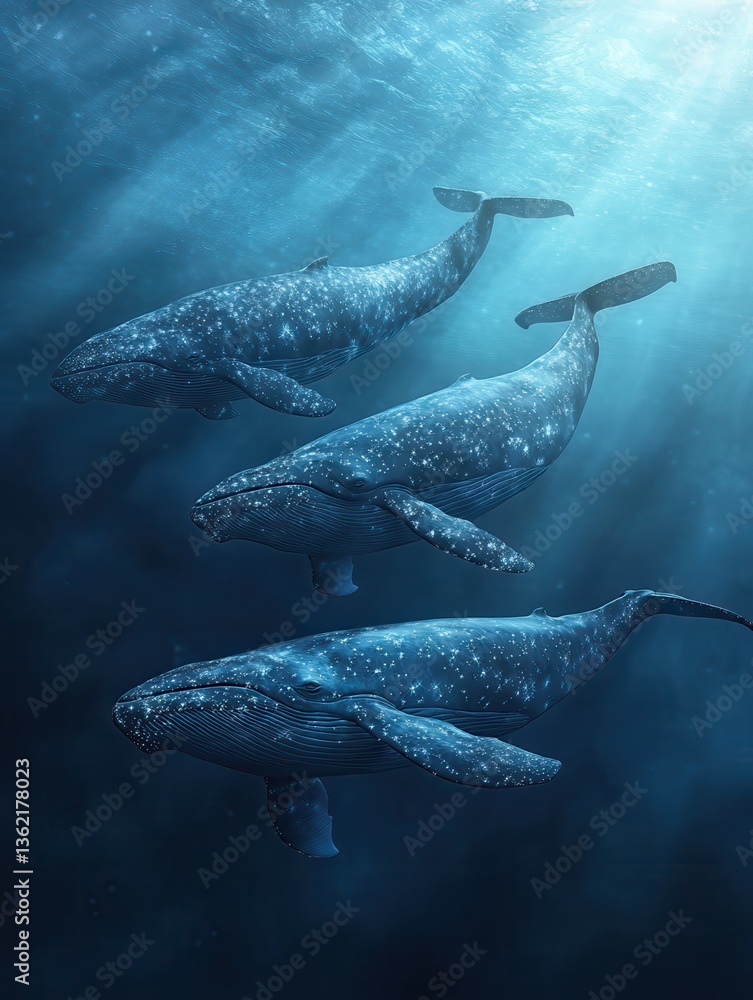 Naklejka premium Four blue whales gracefully swim in the ocean, their bodies glistening with a starry pattern.