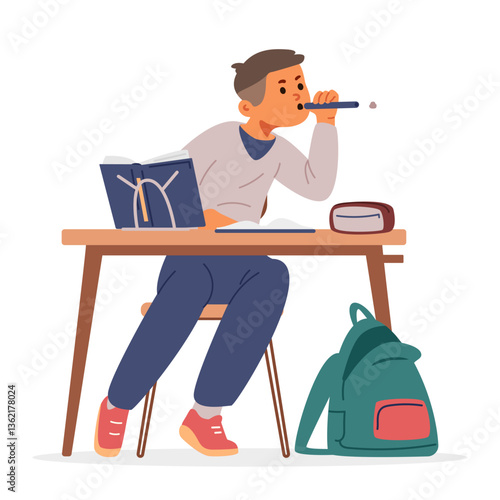 School boy sitting at desk spitting with chewed paper flat vector illustration isolated on white.