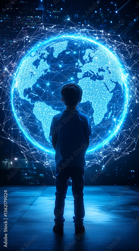 Fototapeta premium Milestone Courage Dream Big, a cybernetic city where a young visionary gazes at a holographic world map, planning the future of innovation